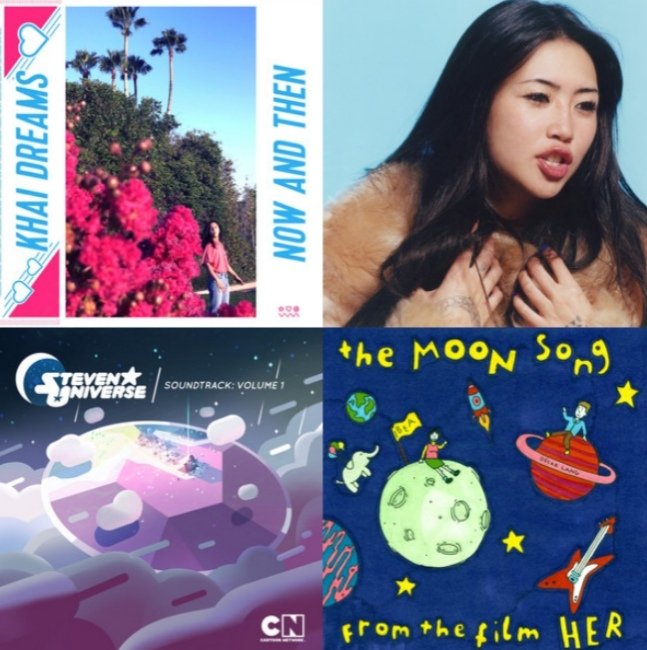 A collage of four album covers: "Now and Then" by Khai Dreams, an image of a woman in a winter coat, the "Steven Universe Soundtrack: Volume 1," and "The Moon Song" from the film *Her*.