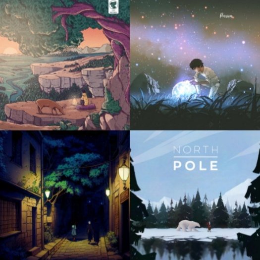 A collage showing four peaceful scenes: a cliffside with trees, a person examining a glowing orb under a starry sky, a moonlit street with two people, and a snowy forest with a polar bear and a human.